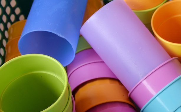 Multi coloured plastic cups