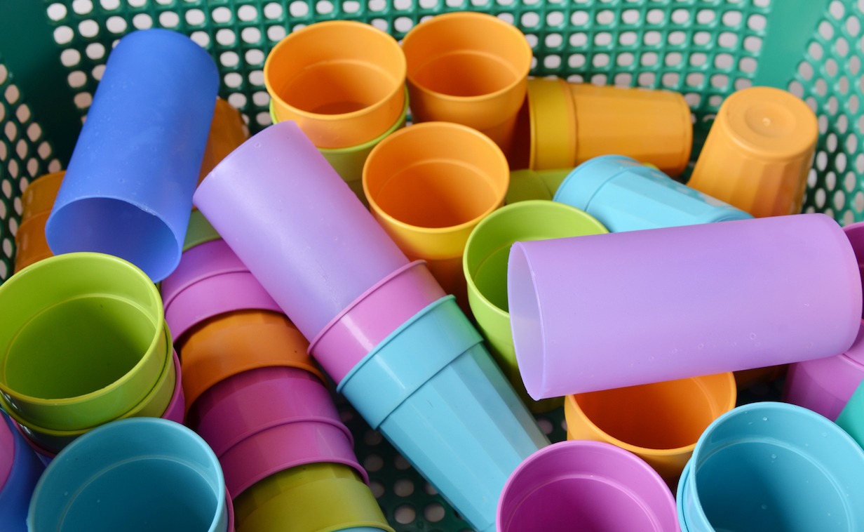 Multi-coloured disposable plastic cups